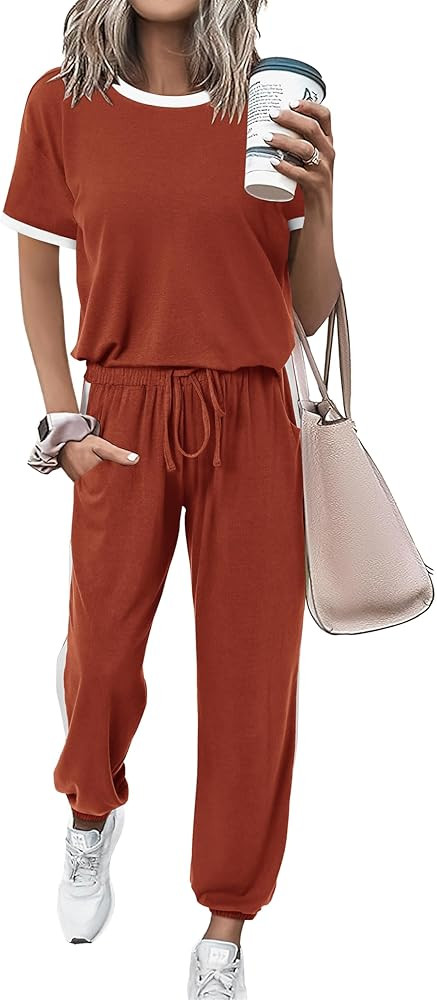 MASCOMODA Womens 2 Piece Outfits 2026 Summer Tracksuit Sets Short Sleeve Tops Travel Long Pants J... | Amazon (US)