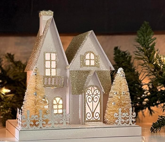 Christmas Lighted Village House Decoration in Glittered White and Gold, 9 x 8.25 Inches, Battery ... | Amazon (US)