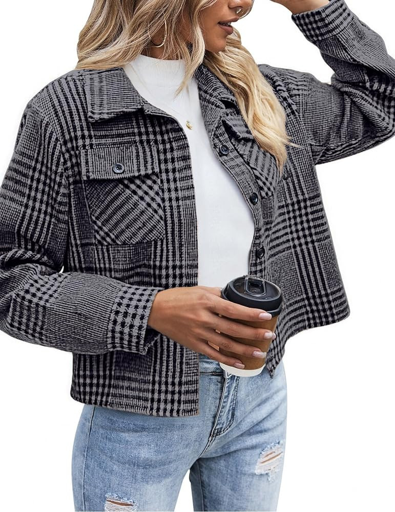 Zeagoo Flannels for Women Cropped Shacket Jacket Fashion Plaid Button Down Shirt 2026 Fall Coat T... | Amazon (US)