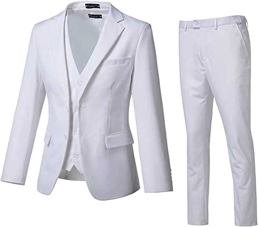 High-End Suits 3 Pieces Men Suit Set Regular Fit White Wedding/Prom Suit for Men Jacket+Pant+Vest... | Amazon (US)