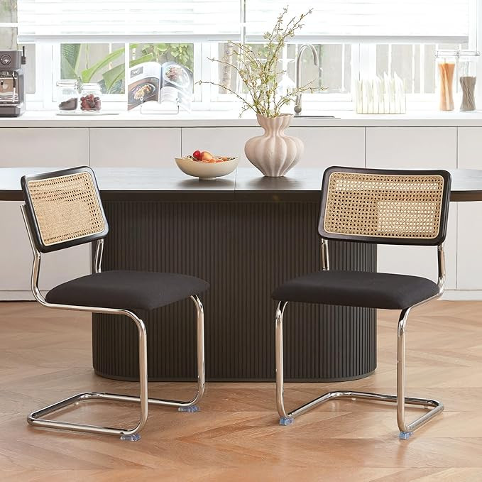 Black Chrome Rattan Dining Chairs Set of 2, Wooden Mid Century Modern Dining Room Chairs, Mesh Ba... | Amazon (US)