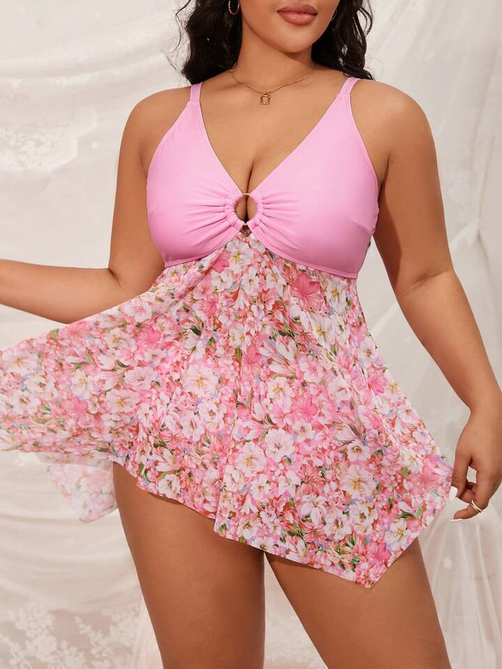 SHEIN Swim Curve Grote maten Vrouwen Bloemen Geprint Zwempak Met Circulaire , Stijl: | SHEIN