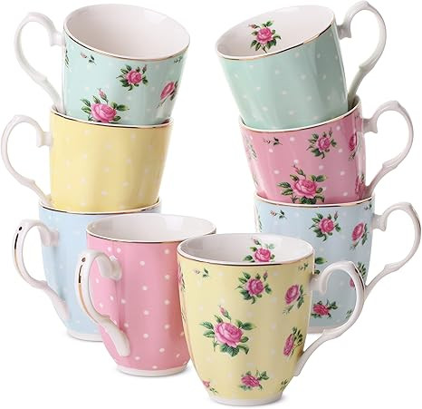 BTaT- Royal Coffee Mugs, 12 oz, Set of 8, Floral Mugs, Porcelain Bone China, Tea Mug, Coffee Cups... | Amazon (US)