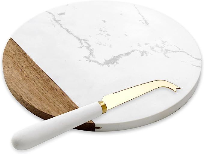 VUDECO White Marble and Acacia Wooden Cheese Board & Knife Set Marble Tray for Meats Breads Round... | Amazon (US)