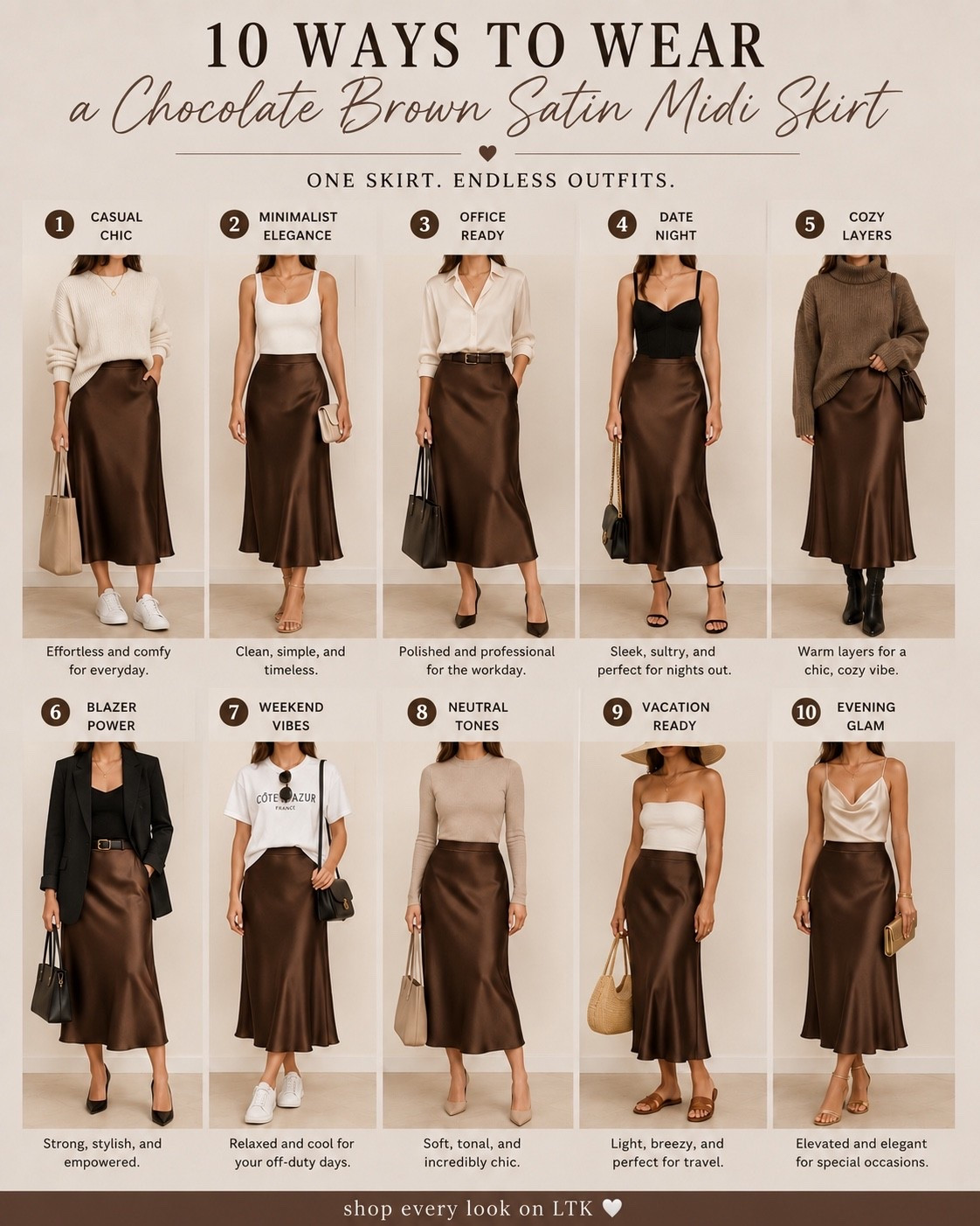 One skirt, ten completely different outfits. 🤎

A chocolate brown satin midi skirt is one of the most versatile pieces in a capsule wardrobe—easy to dress up with heels and a satin cami, style casually with sneakers and a tee, or layer with knits and blazers for effortless year-round wear.

From office days and date nights to travel outfits and weekend errands, this skirt does it all.

Shop every look on LTK ♡

#LTKootd