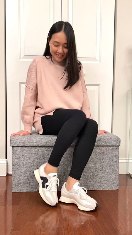 Love these New Balance 327 sneakers in white/grey/black. I took a half size down and wear mine with thin no show socks. 

Sweater and leggings in size XS

#LTKshoecrush #LTKunder100 #LTKsalealert