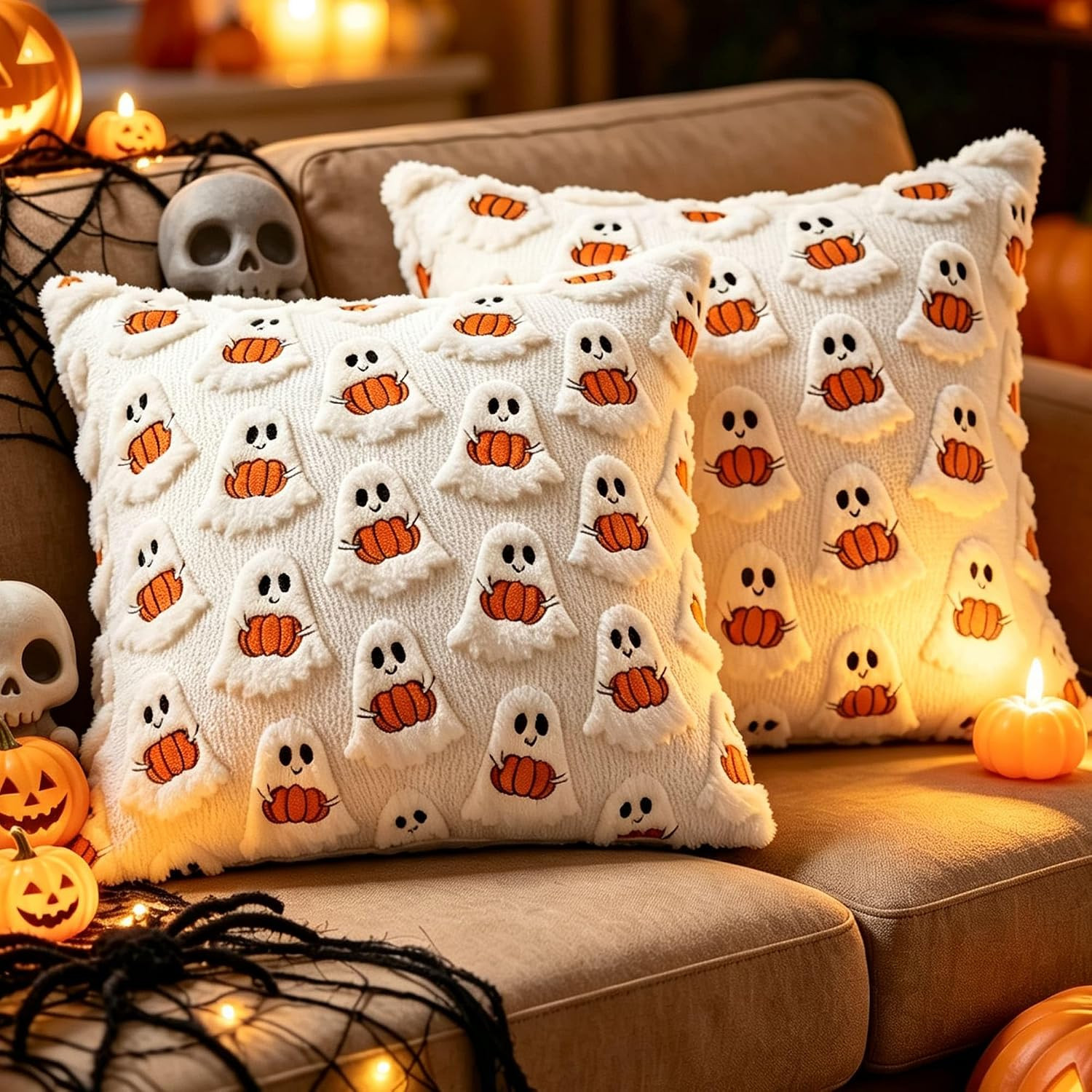 XLMJDZQ Halloween Pillow Covers 18x18 Inches - Set of 2 Ivory Cute Ghost Hugging Pumpkin, Plush Soft for Spooky Season & Cozy Fall Decor | Amazon (US)
