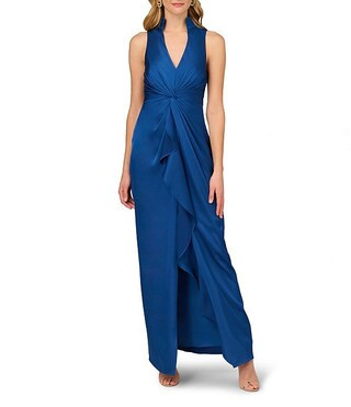 Aidan Mattox Satin V-Neck Twist Front with Cascading Ruffle Gown | Dillard's | Dillard's