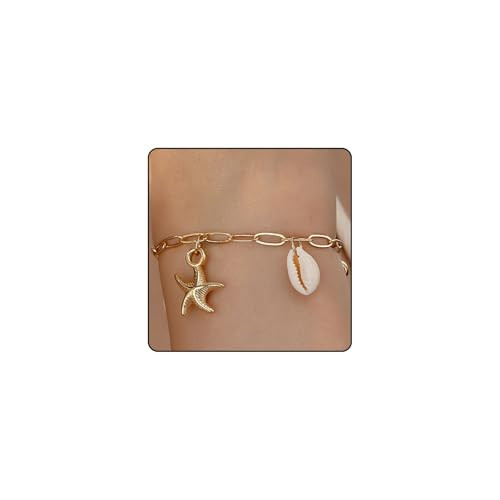 SAVNOJW Charm Starfish Shell Ankle Bracelets for Women, Trendy 14K Gold Paperclip Chain Sea Star Statement Anklets Boho Ocean Holiday Seashell Foot Jewelry (Gold) | Amazon (US)