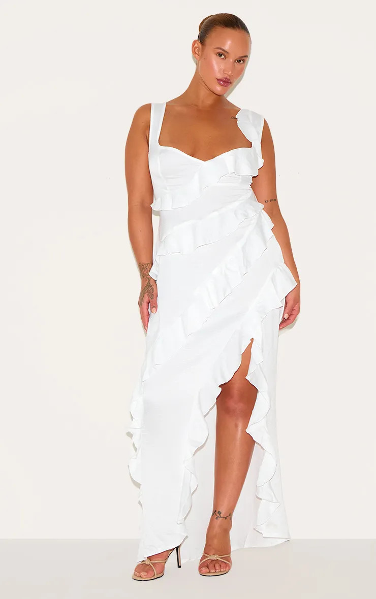 White Satin Frill Layered Maxi Dress | PrettyLittleThing USA | PrettyLittleThing US