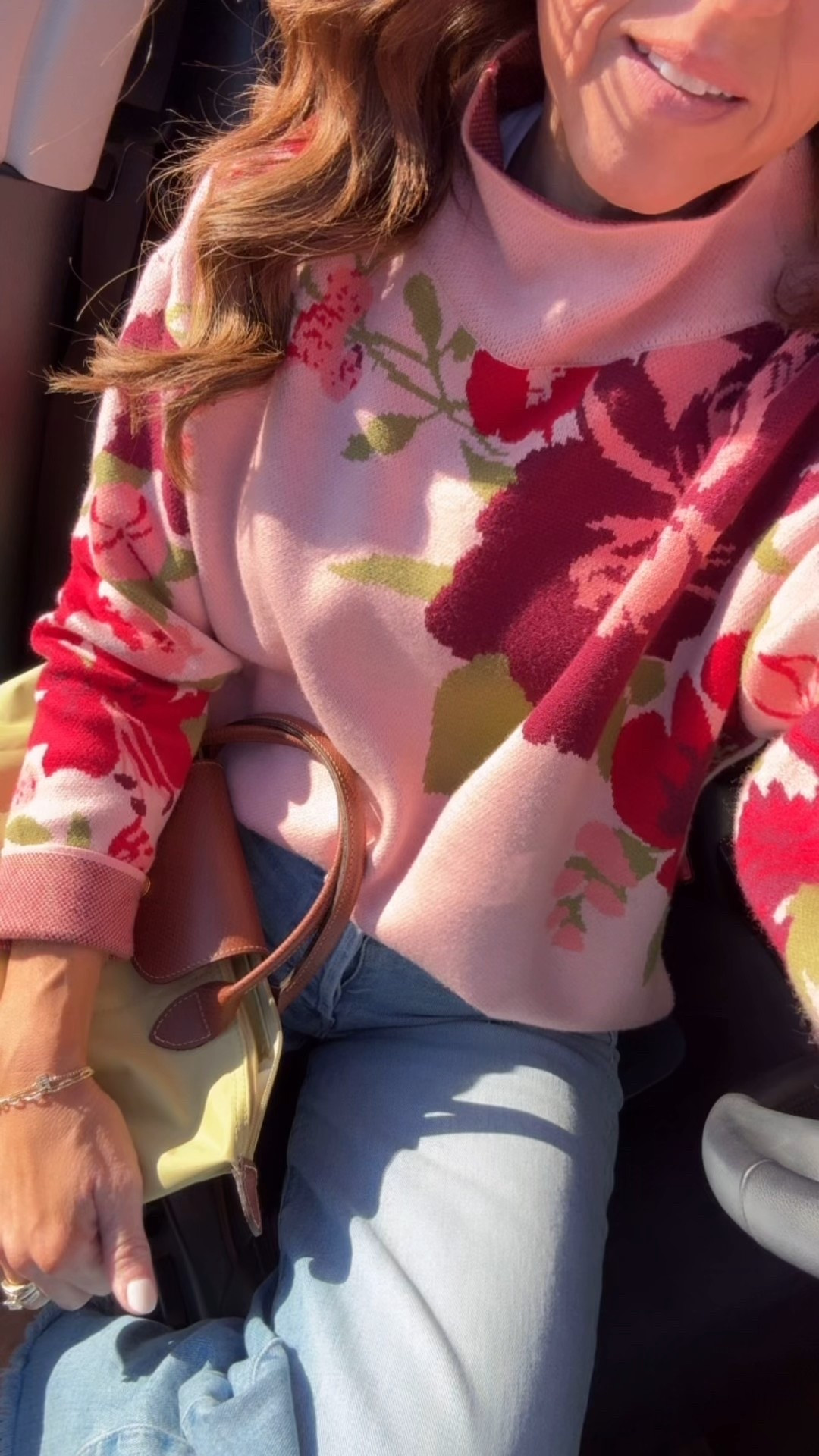 Pink floral sweater to go from Winter to Spring. Anthropologie style. Longchamp handbag. 
Sweater XS. Jeans TTS. Bag size small. 

#LTKSeasonal #LTKOver40 #LTKValentine