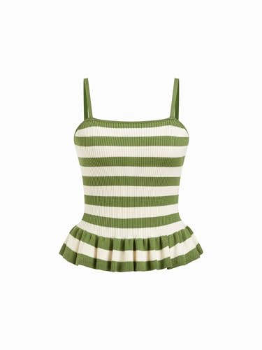 CIDER Striped Crop Tank Tops for Women Sleeveless Square Neck Ruffle Knit Peplum Tops Summer Vaca... | Amazon (US)