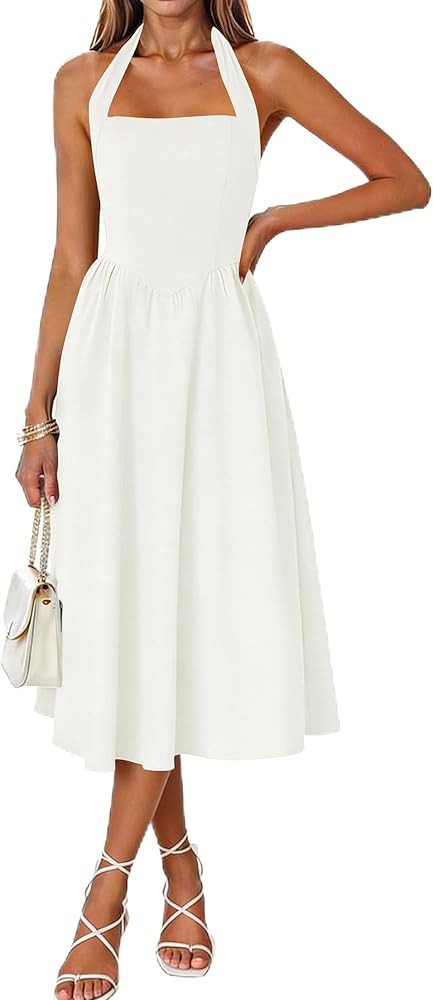 Naggoo Women's Summer Halter Midi Dress Sleeveless High Waist Swing Beach Long Dresses | Amazon (US)