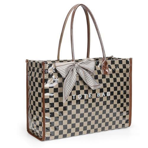 Lushandy PVC Tote Bag for Women, Large Plastic Tote Purse Work Kraft Paper Letter Print Shoulder Bag Carry All Hobo Handbag | Amazon (US)