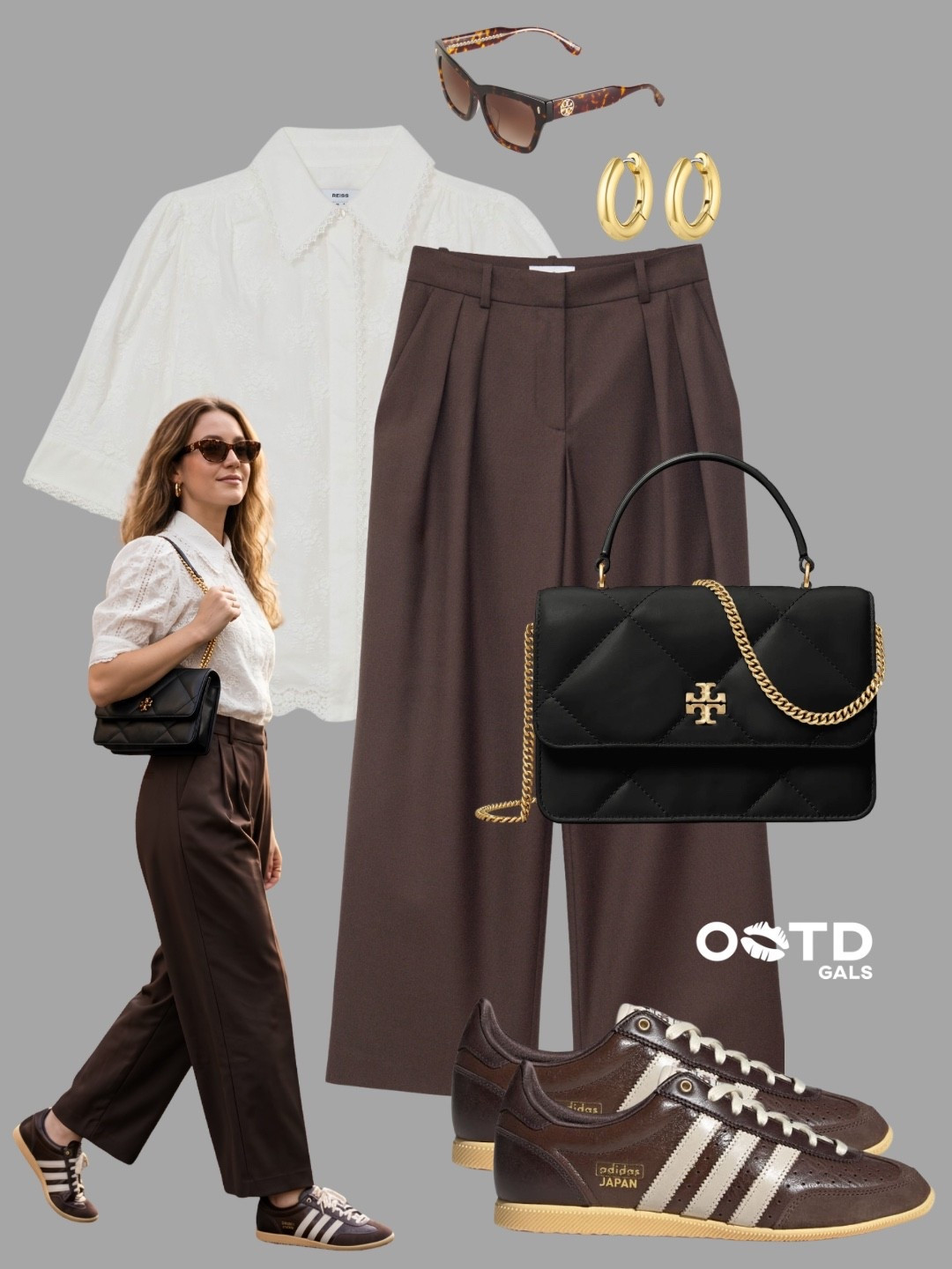 Rich chocolate tones paired with crisp white always create the most elegant effortless look 🤎✨

This outfit blends classic tailoring with sporty details for a chic everyday style that feels elevated but still comfortable.

✨ Style Details:
• White embroidered blouse adding softness and feminine texture  
• Chocolate brown tailored trousers creating a polished silhouette  
• Brown Adidas sneakers giving the outfit a cool relaxed contrast  
• Structured black quilted handbag with gold chain details for a luxe touch  
• Gold hoop earrings and tortoiseshell sunglasses finishing the look perfectly  

The mix of deep espresso brown, soft ivory, and black accessories gives this outfit such a timeless sophisticated feel ☕️

#LTKsummer #LTKstyletip #LTKsale