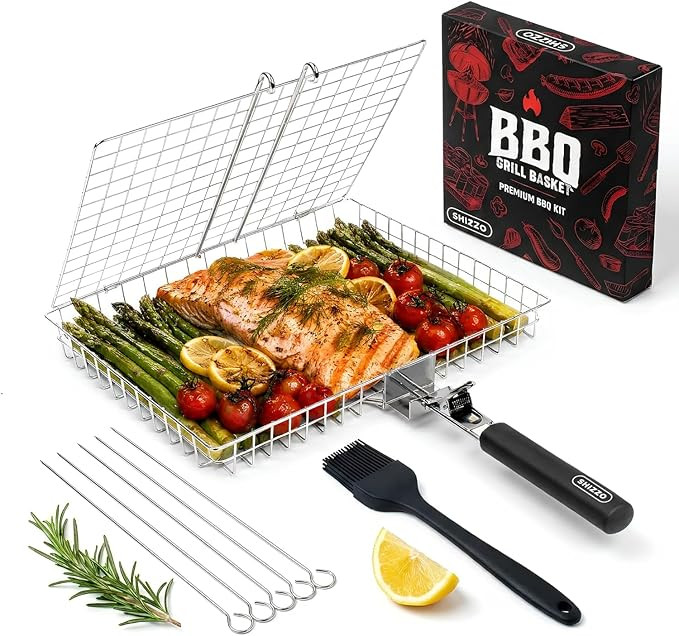 Grill Basket Gift Set - Removable Wooden Handle - Non-Stick Stainless Steel, BBQ Grilling Rack fo... | Amazon (US)