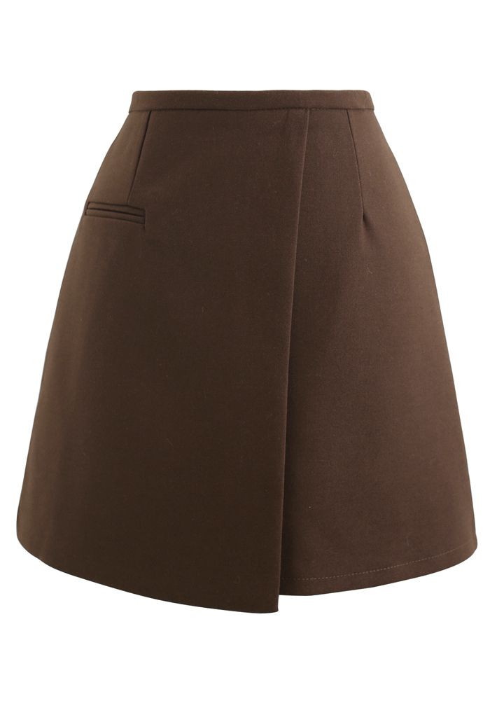 Fake Pocket Flap Bud Skirt in Brown | Chicwish