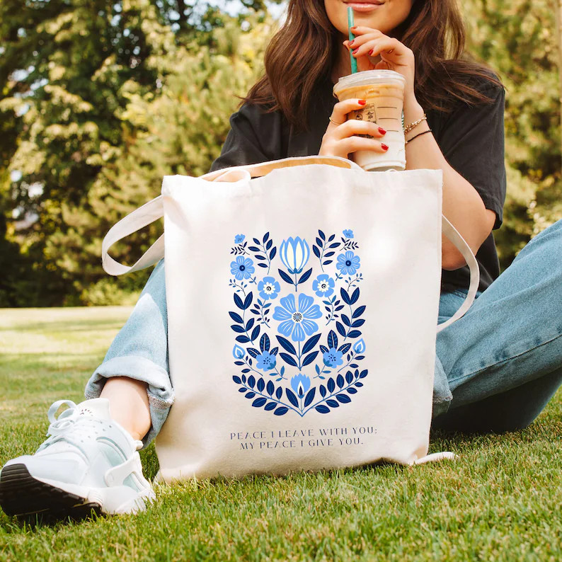 Christian Blue "Peace" Canvas Tote Bag - Christian Scripture, Mass Quote - Folk Floral - For Bibl... | Etsy (US)