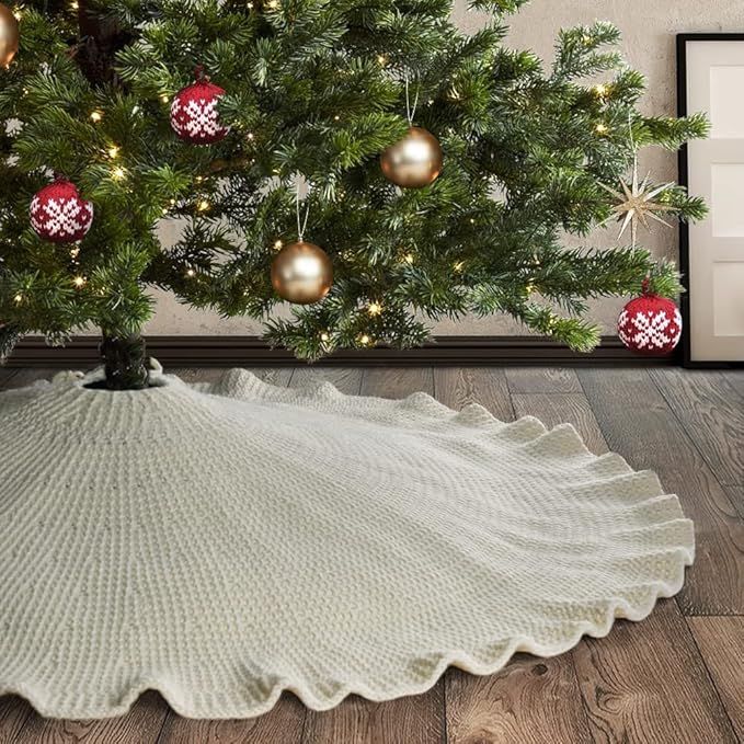 Meriwoods Ruffled Knit Tree Skirt 48 Inch, Chunky Knitted Tree Collar for Country Rustic Christma... | Amazon (US)