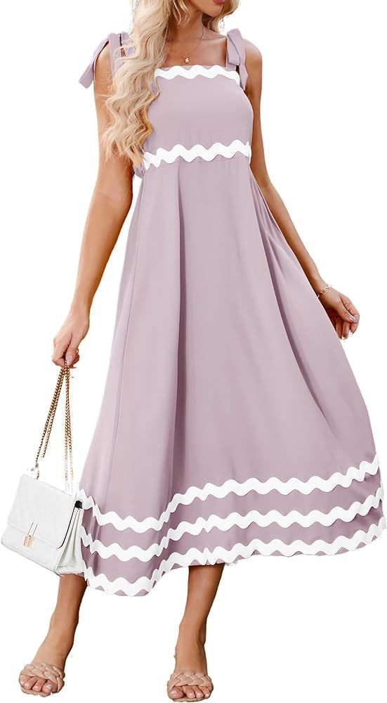 ECOWISH Women Sleeveless Maxi Dress: Summer Spaghetti Strap Tie-up Square Neck Casual High Waiste... | Amazon (US)