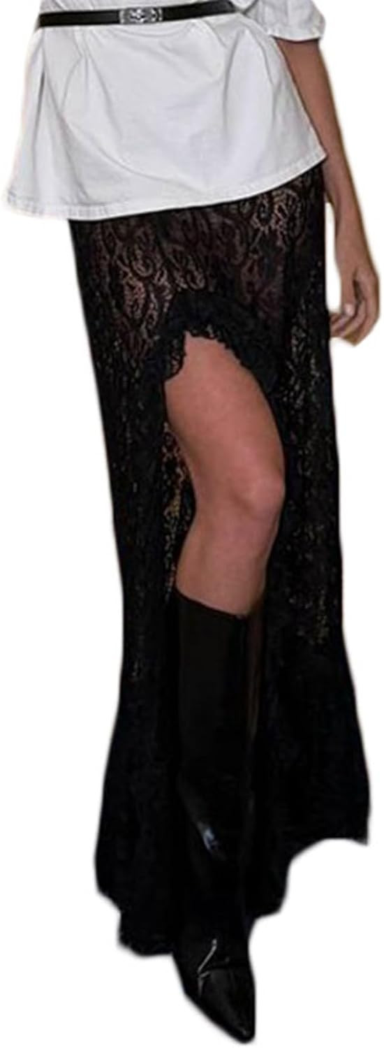 Women Floral Lace Maxi Skirts Sheer See Through Long Skirt Casual A Line Cover Up Beach Skirts | Amazon (US)