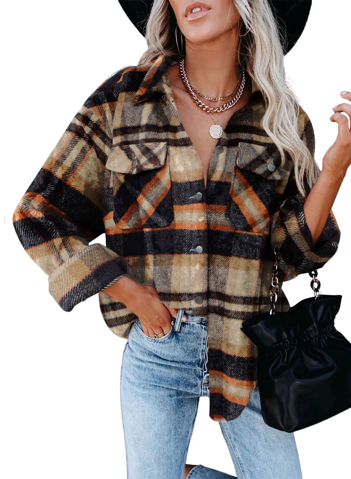 Dokotoo Women's Orange Classic Plaid Button Down Shirt Jacket for Women Long Sleeve Oversized Shi... | Walmart (US)