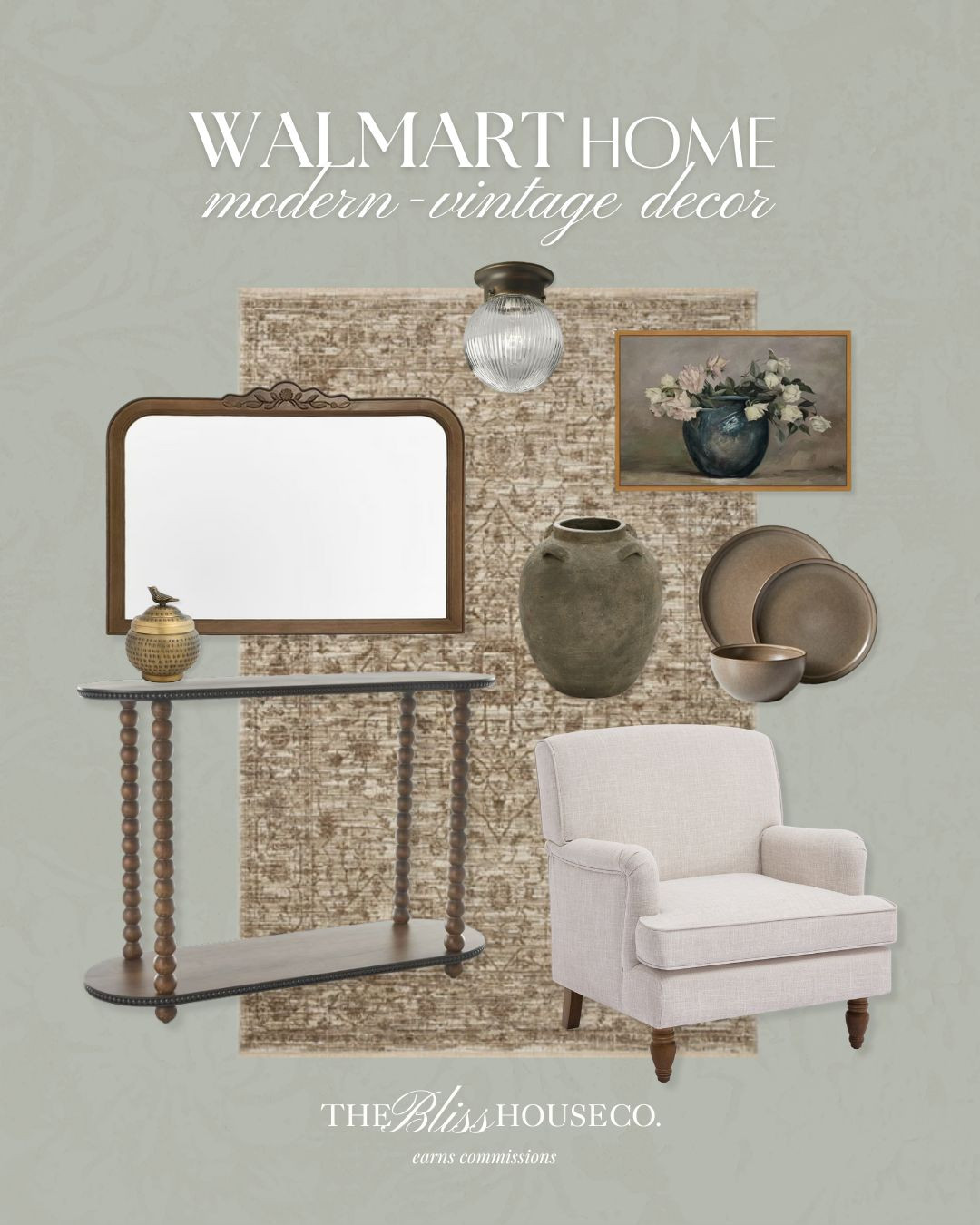 Modern-vintage home finds from Walmart! Affordable home, console table, vase, dinnerware, wall art, ceiling light, vintage look, antique style, loloi rug, Walmart home. 

 #LTKHome #LTKFindsUnder50 #LTKFindsUnder100