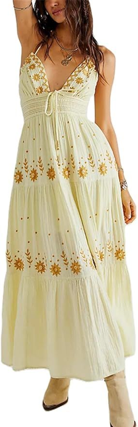 Argeousgor Boho Flowy Maxi Dress for Women Spaghetti Strap Open Back Embroidered Tiered Swing Sum... | Amazon (US)