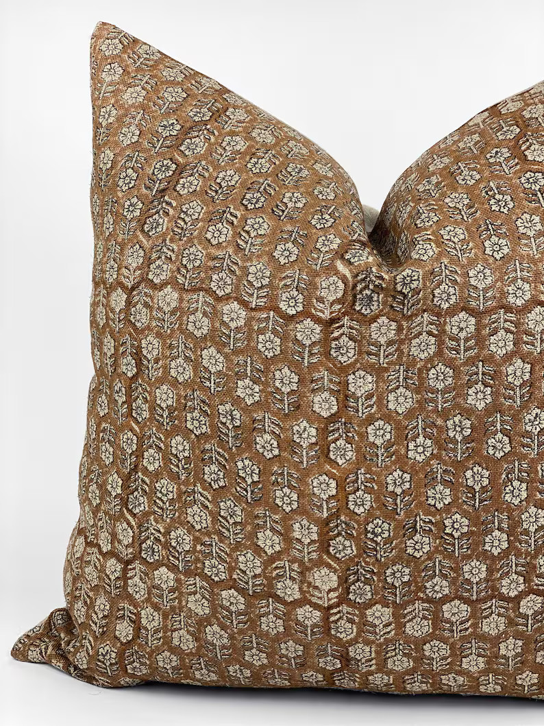 MARGEAUX TAN | Designer Camel Floral Linen Pillow Cover, Block Print Pillow, Caramel Color Pillow... | Etsy (US)