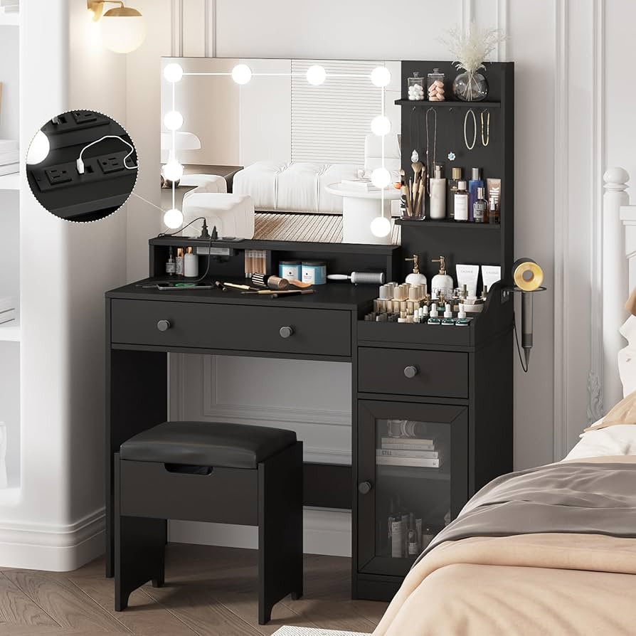Vabches Vanity with Mirror and Lights,Makeup Vanity Table with Charging Station,Dressing Table wi... | Amazon (US)