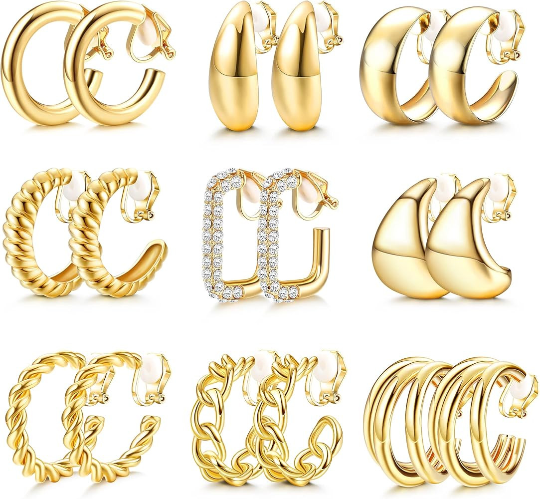 YADOCA 9 Pairs Gold Clip on Hoop Earrings for Women 14K Gold Plated Twist Waterdrop Chunky Hoop C... | Amazon (CA)