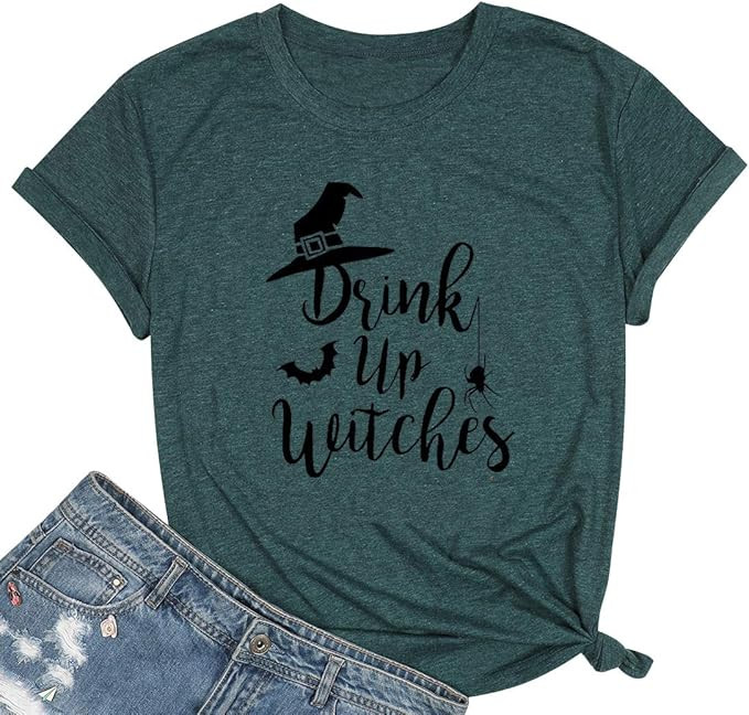 Drink Up Witches T Shirt for Women Halloween Funny Witch Gift Costume Tee Tops | Amazon (US)