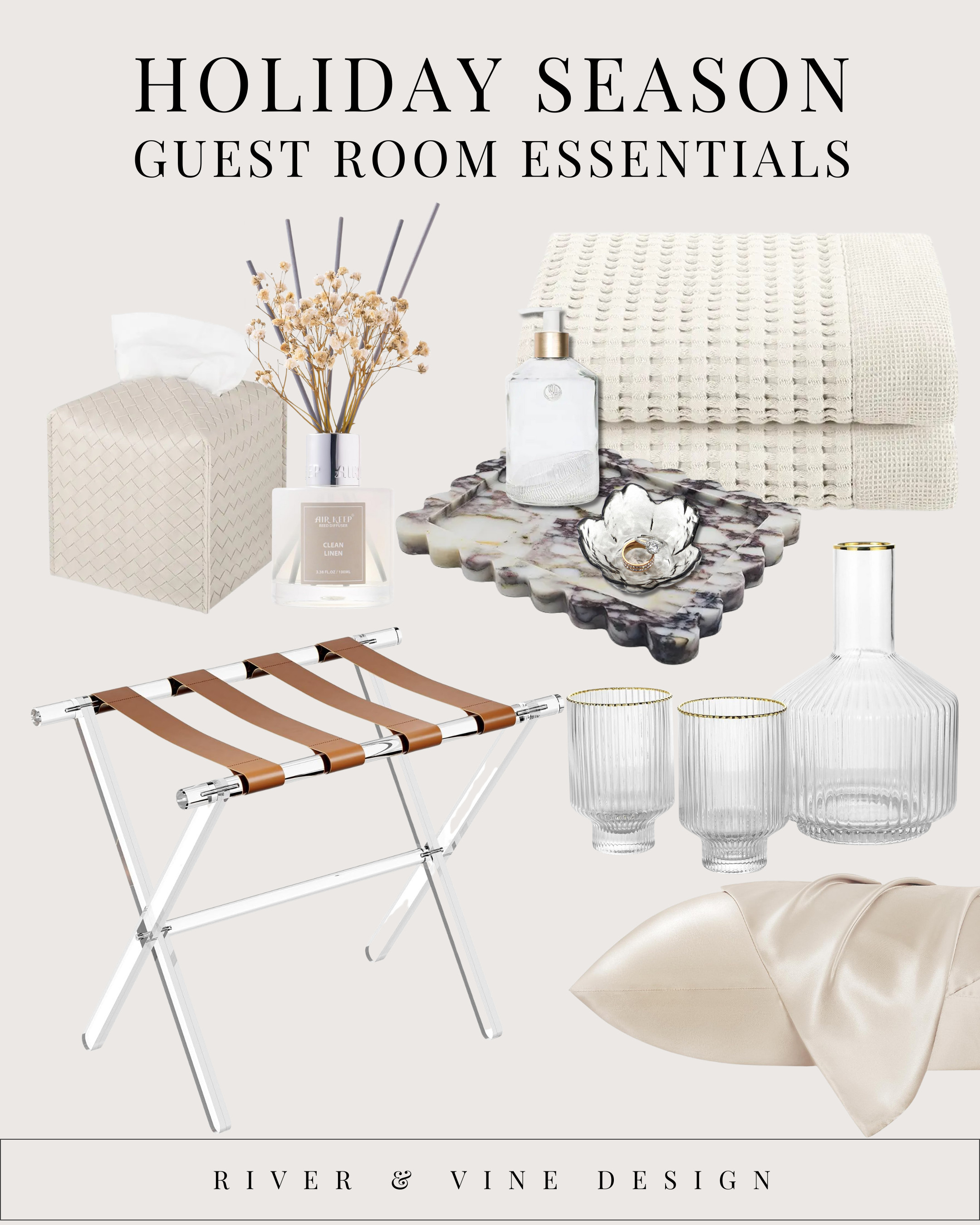 Hosting overnight guests isn’t just about having a place for them to sleep — it’s about making them feel cared for.

These are the little details that turn your guest room into a boutique-hotel moment:

✨ A luggage stand so they don’t have to dig through a suitcase on the floor
✨ Fresh throw blanket at the end of the bed
✨ A tray for jewelry, rings, and watches
✨ Water carafe + glasses so they don’t have to wander your house at night
✨ Reed diffuser or room spray for that instant “spa” scent
✨ Tissue box cover (because tissues deserve better)
✨ Satin pillowcase — the ultimate comfort upgrade

When guests walk in, they feel seen.
When they leave, they remember how effortless you made it.

You don’t need to overhaul the whole room — just add thoughtful touches that say:
“I prepared this space for you.”

Tap to shop each item — and get your guest room holiday-ready in 5 minutes. 

 #LTKHoliday #LTKHome