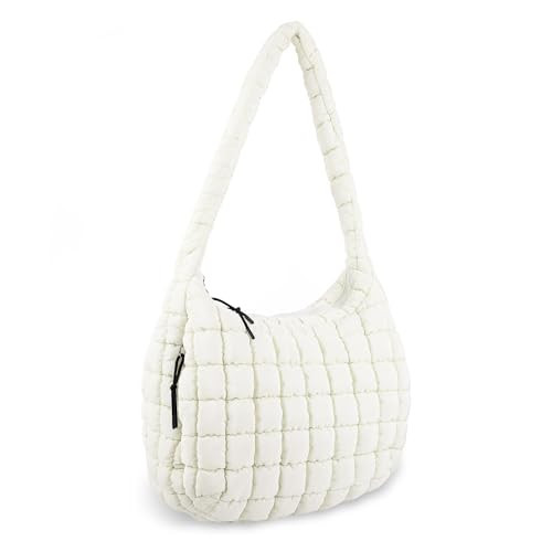 Quilted Puffer Tote Bag for Women,Large Puffy Crossbody Shoulder Bag Lightweight Nylon Hobo Bag with Zipper,Purse Puffy Quilted Carryall Bag Soft Oversized Padding Handbag for Daily Travel(Beige) | Amazon (US)