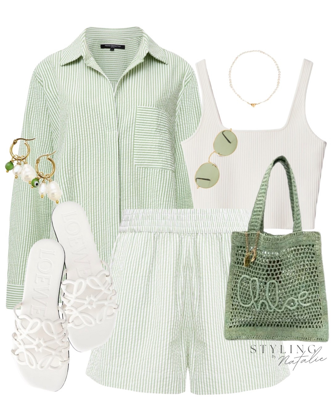 Summer co-ord set, green stripe shirt and matching shorts, white ribbed crop top, Chloe braided tote bag, Loewe slides, pearl accessories. Holiday outfit, vacation style, airport outfit, casual style.

#LTKeurope #LTKstyletip #LTKsummer