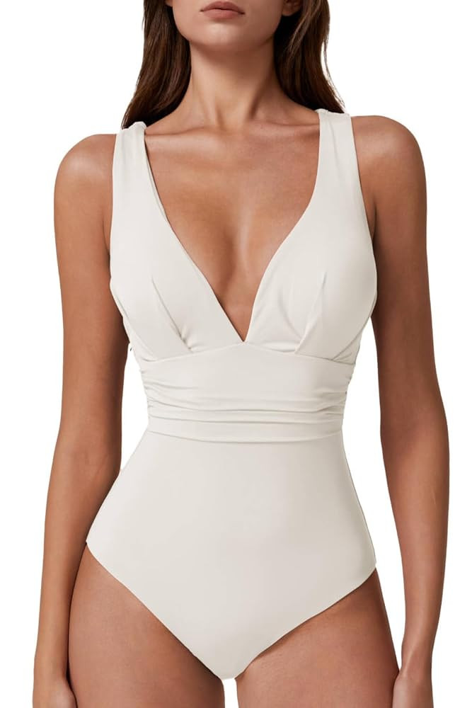 QINSEN Womens Sexy V Neck One Piece Bathing Suit Cross Back Swimsuit High Waist Monokini | Amazon (US)
