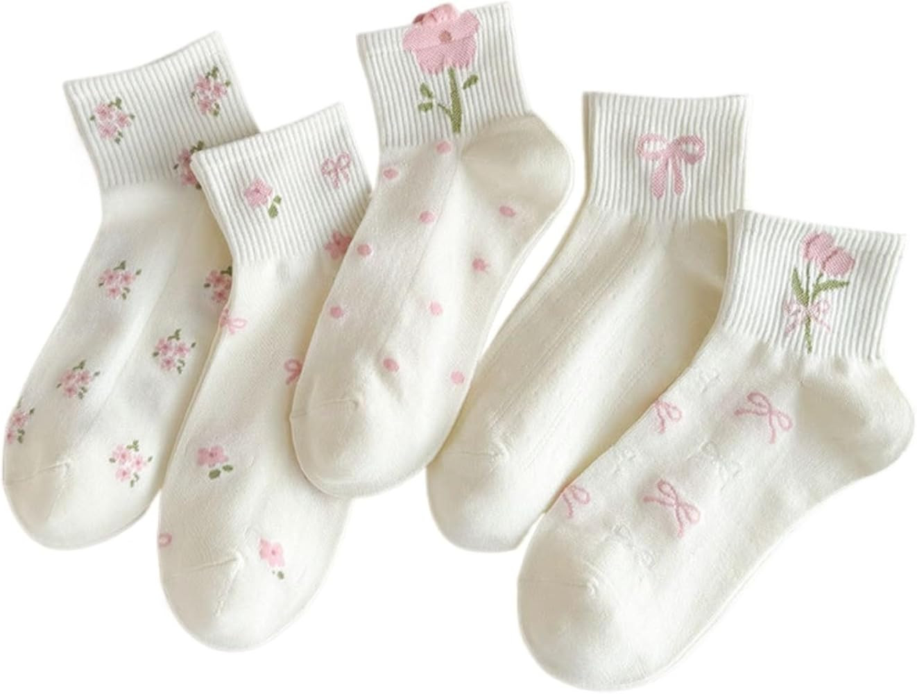 5 Pairs Floral Ankle Socks for Women Cute Flower Bowknot Patterned Low Cut Cotton Casual Socks | Amazon (US)
