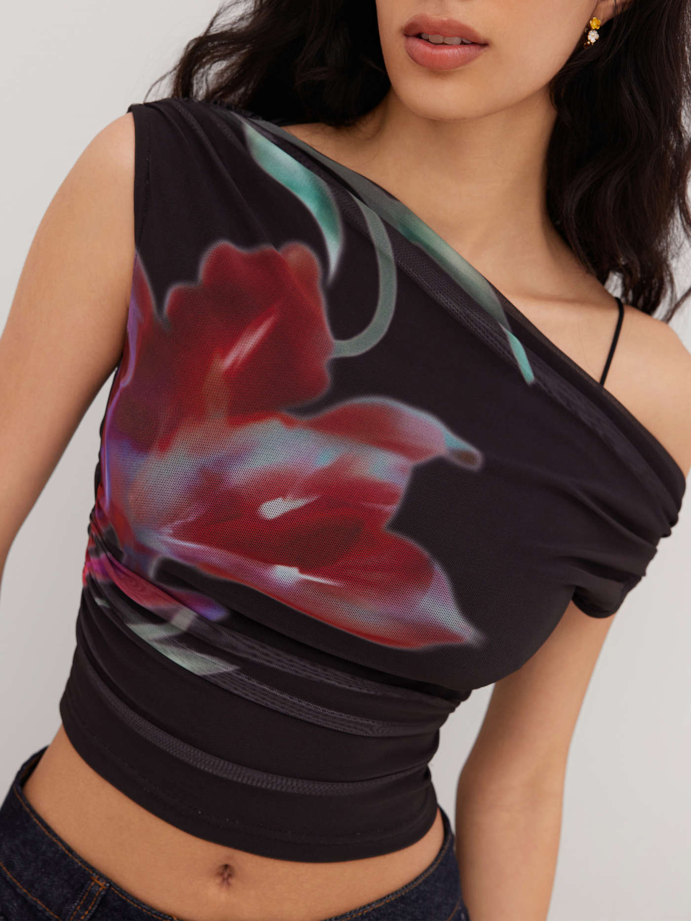 Mesh Mesh Asymmetrical Neck Floral Ruched Top For Vacation | Cider