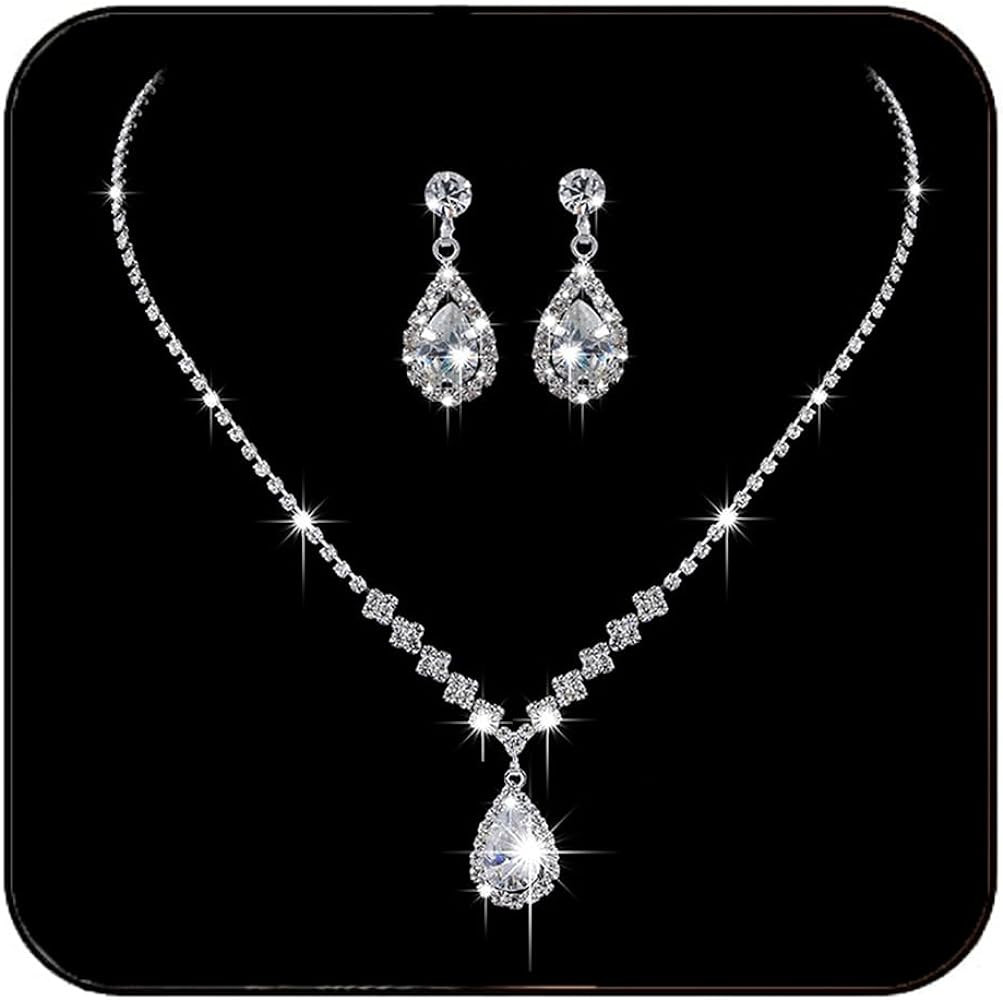 JAKAWIN Bride Silver Bridal Necklace Earrings Set Crystal Wedding Jewelry Set Rhinestone Choker N... | Amazon (US)