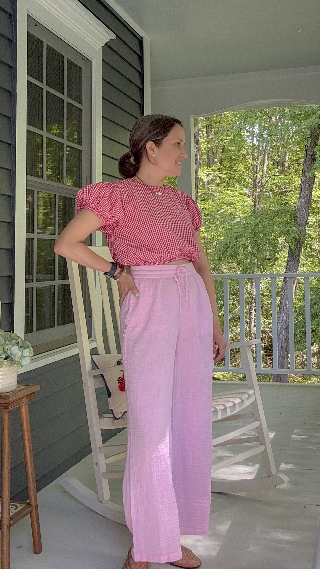 Feeling cottagecore! Gingham crop top and pink gauze pant with jelly flats.

#LTKmomlife #LTKSeasonal #LTKOver40