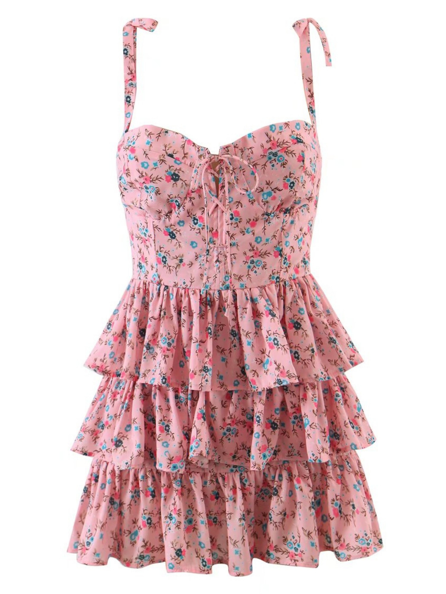 'Harley' Floral Printed Lace-up Layered Mini Dress | Goodnight Macaroon