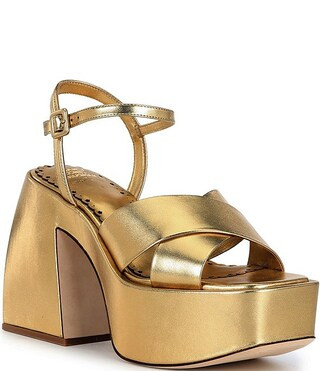x Amanda Jones Vaughan Ginger Metallic Leather Platform Block Heel Dress Sandals | Dillard's