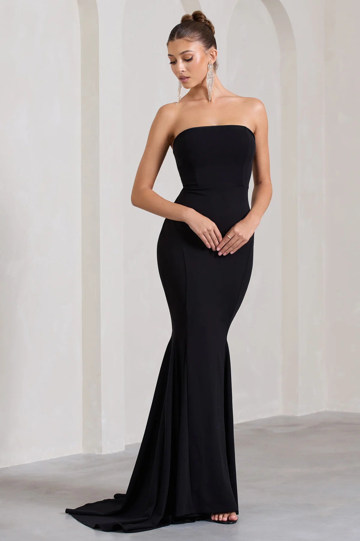 Impress Me | Black Strapless Bandeau Fishtail Maxi Dress | Club L London