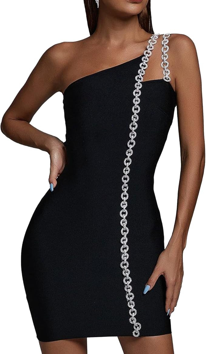 BELLA BARNETT One Shoulder Dress with Rhinestone Black Mini Dress Backless Dress Bodycon Dress Cl... | Amazon (US)