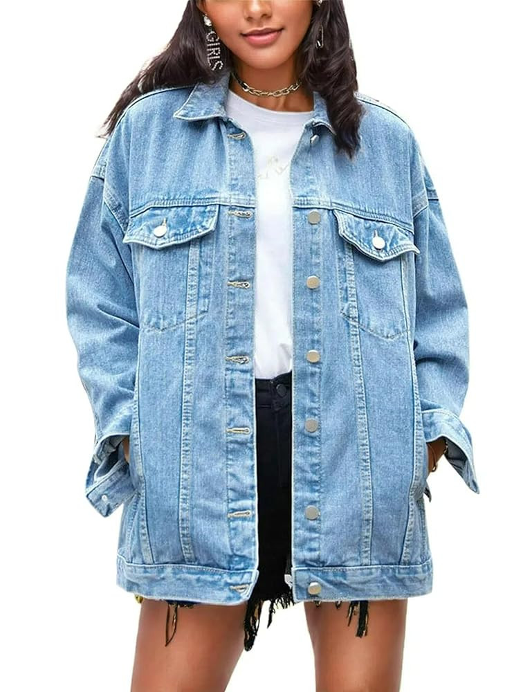 Omoone Women's Oversized Mid Long Denim Jacket Jean Biker Coat | Amazon (US)