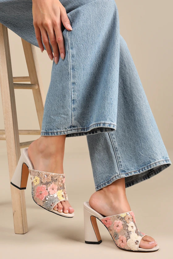 Callixta Pink Bone Floral Sequin High Heel Slide Sandals | Lulus