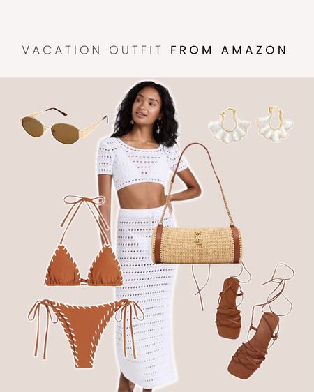 Vacation outfit idea from Amazon — white crochet set, bikini, sandals, straw handbag, summer bag, sunglasses, earrings, bride outfit, honeymoon, outfit idea 

#LTKfindsunder50 #LTKSeasonal #LTKfindsunder100