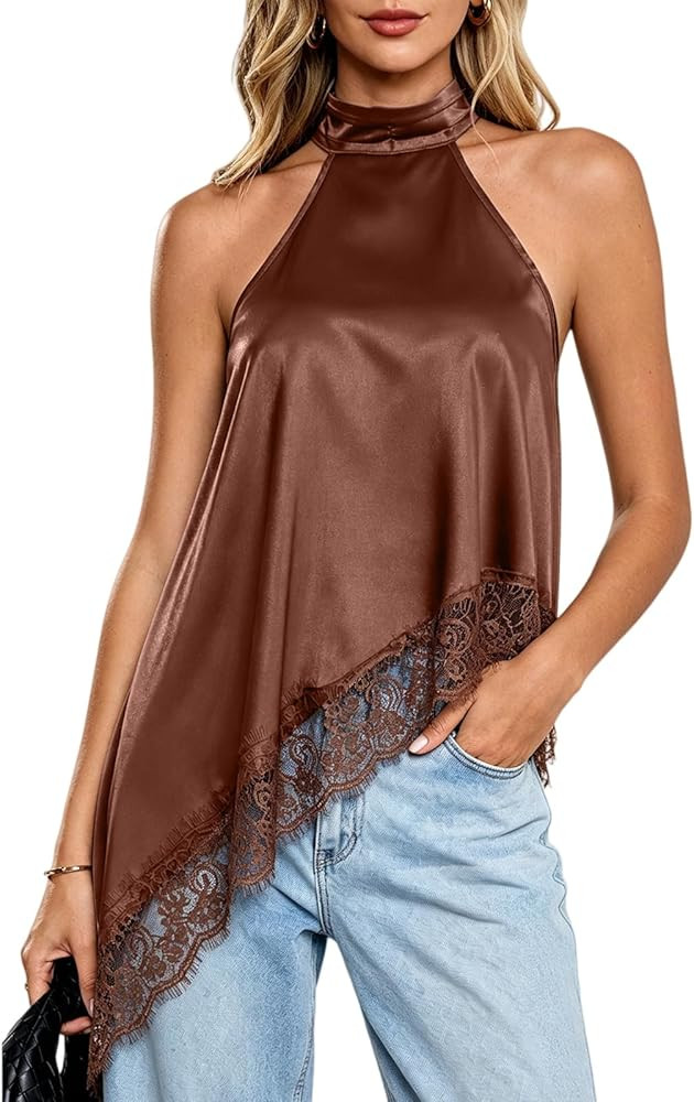 Women's Halter Mock Neck Top Lace Asymmetrical Hem Going Out Tank Tops | Amazon (US)