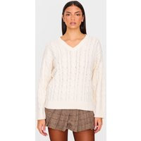 Cream Cable Knit Oversized V Neck Jumper, White | PrettyLittleThing UK