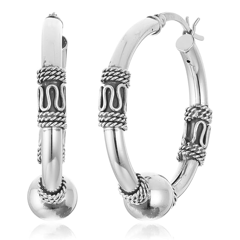 Amazon Essentials Women’s 925 Sterling Silver Balinese Beaded Hoop Earrings Hypoallergenic Ligh... | Amazon (US)